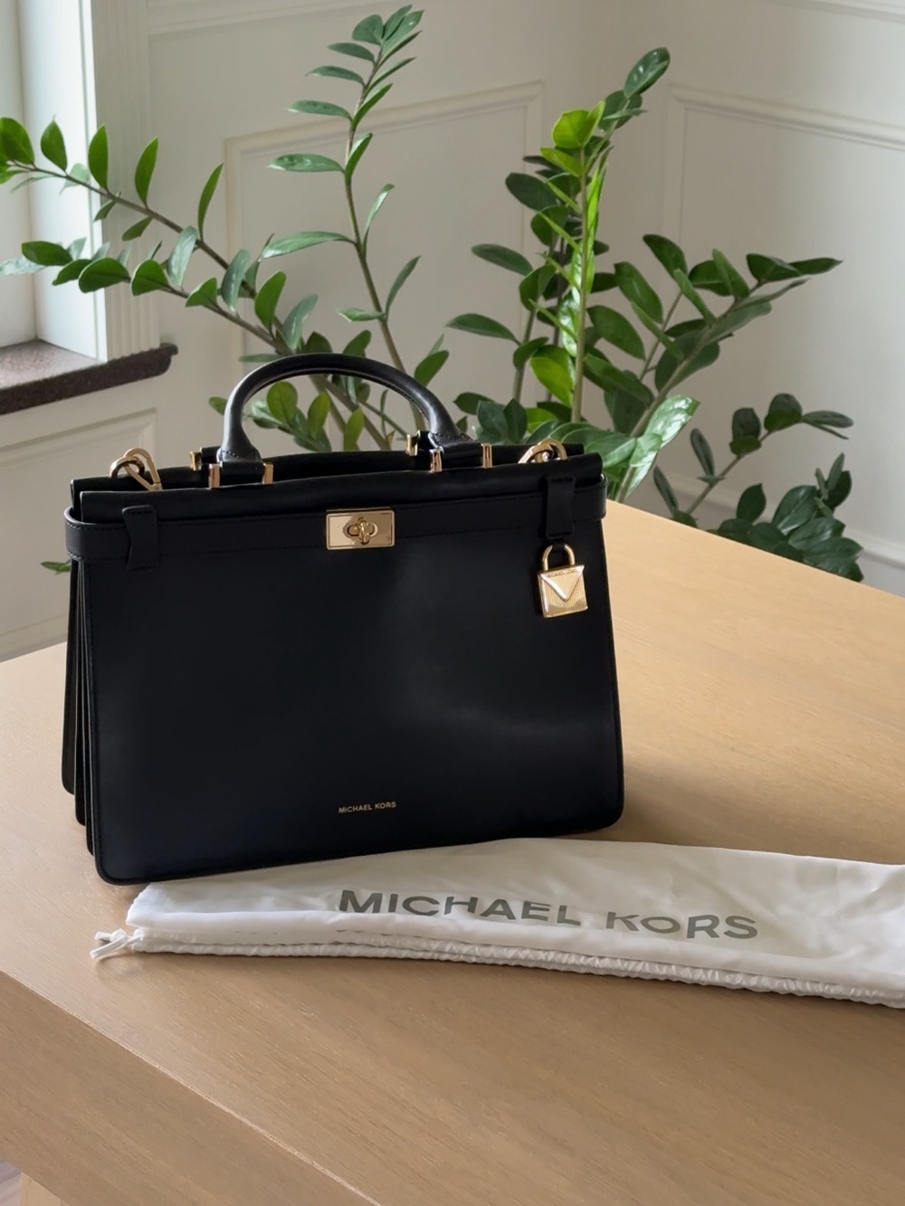 Michael Kors Black Leather Structured Satchel with Gold Hardware